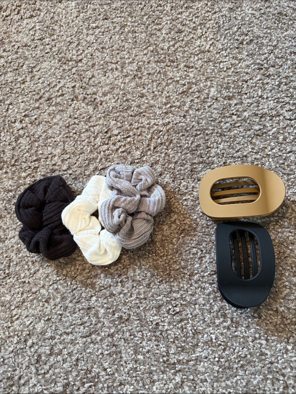 Bundle of Neutral Ribbed Scrunchie Set with Two Matte Hair Clips